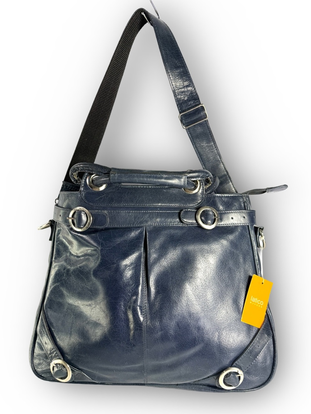 Latigo Dark Navy Leather Shoulder Bag with Ring Accents